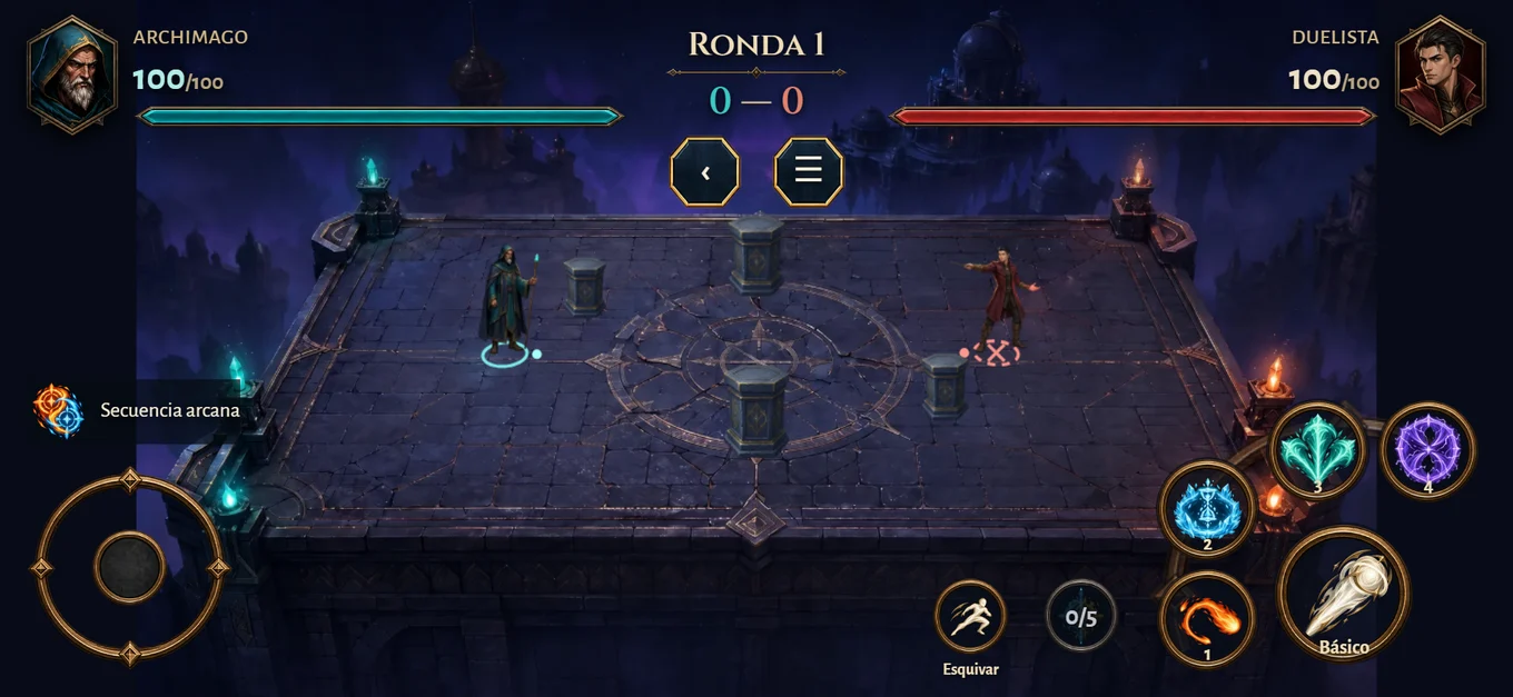 Combate móvil de Duel Foundry: joystick a la izquierda, hechizos y básico a la derecha, personajes y vida en la parte superior.